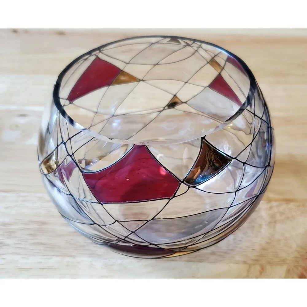 Partylite Calypso Candle Holder Mosaic Stained Glass Look Votive 4" Vtg Red Gold - Picture 1 of 13